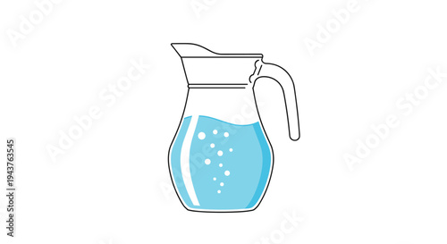 Simple glass water pitcher with a blue handle and spout partially filled with bubbly fresh water isolated on a plain white background.