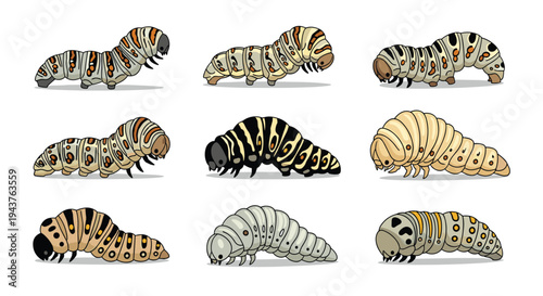 Large set of various caterpillars and larvae with different colors stripes and spots shown in multiple poses for biological study.