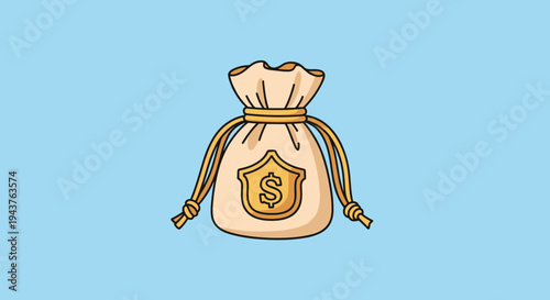 Beige fabric money bag tied with a thick rope featuring a gold shield and dollar sign symbol isolated on a light blue background.