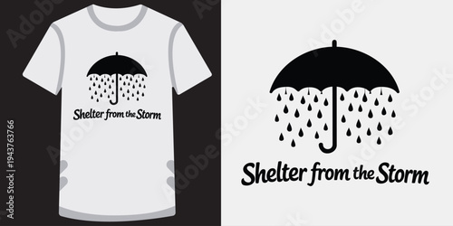 Creative tshirt design featuring a minimalist umbrella with raindrops and text shelter from the storm illustration concept