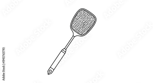 Simple black and white line drawing of a fly swatter isolated on a white background for household cleaning and pest control illustrations.