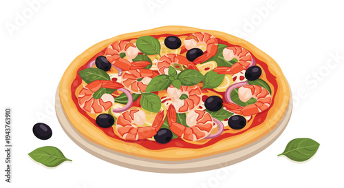 Freshly baked shrimp pizza topped with black olives red onions and green basil leaves for italian restaurant menu and food photography.