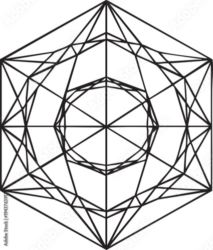 Intricate black and white geometric design of a complex polyhedral structure