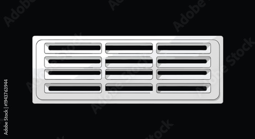 Simple white plastic air vent cover or ventilation grille isolated on a solid black background for building construction and hvac systems.