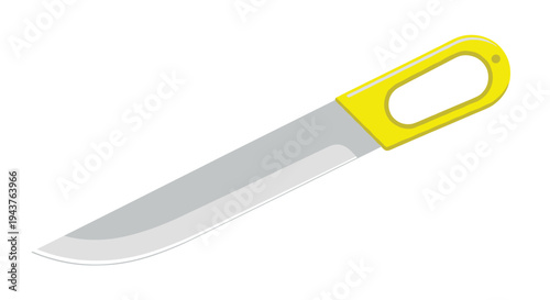 Modern kitchen knife with a bright yellow plastic handle and a sharp stainless steel blade for cooking and food preparation concepts.