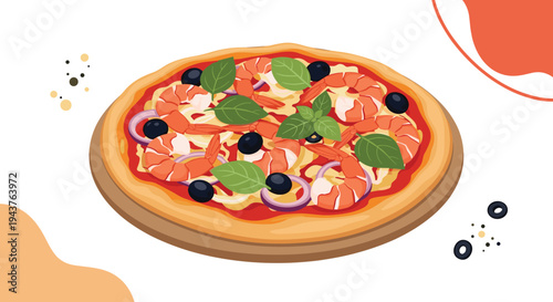 Overhead view of a delicious seafood pizza with large shrimp black olives and basil leaves on a wooden board for italian food concepts.