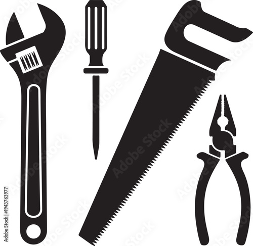 Black and white hand tools including wrench screwdrivers saw and pliers
