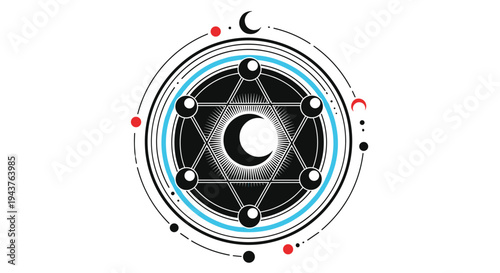 Mystical geometric symbol featuring a central crescent moon and red dots for esoteric astrology and spiritual graphic design projects.
