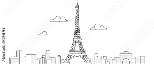 Eiffel Tower Paris landmark skyline illustration with city buildings and clouds in minimal line art style representing famous French travel destination and architecture