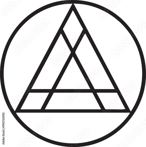 Black and white geometric design featuring circles and nested triangles