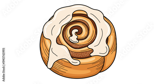 Sweet cinnamon roll pastry with swirls of brown sugar and thick white icing on top for bakery breakfast and dessert related themes.
