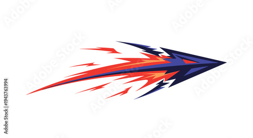 Dynamic stylized arrow or comet shape with fiery red and blue streaks for speed performance and motion graphics design concepts.