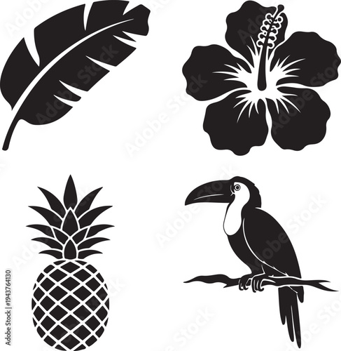 Black and white tropical banana leaf pineapple hibiscus and toucan
