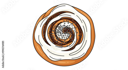 Freshly baked cinnamon roll is topped with thick white icing and a dusting of fine sugar, looking sweet and tasty.