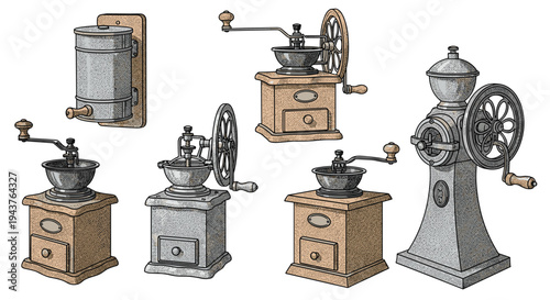 Set of classic vintage manual coffee grinders shows various styles of antique mechanisms for grinding fresh beans.