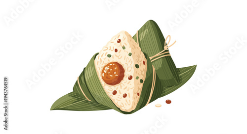 Delicious Chinese zongzi are traditional sticky rice dumplings wrapped in bamboo leaves for the dragon boat festival.