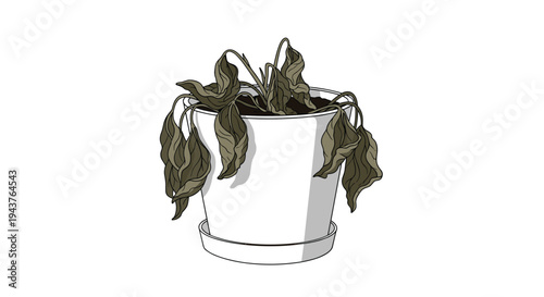 Sad withered houseplant with dry brown leaves sits in a clean white ceramic pot on a matching white saucer.