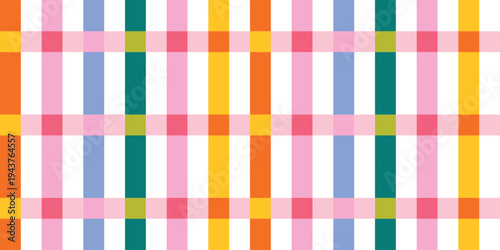 Seamless colorful checkered pattern modern geometric plaid grid with bright rainbow squares. Abstract retro textile background for fabric, wallpaper, wrapping paper, stationery, scrapbook.