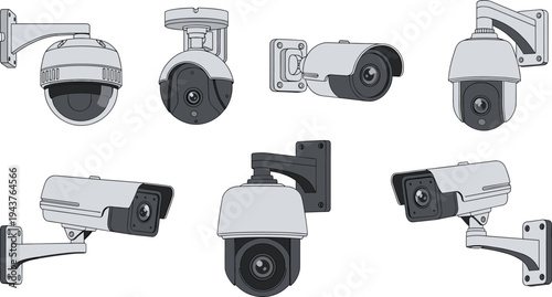 Security surveillance camera collection showing various CCTV monitoring devices for safety, video recording and modern security system technology in detailed vector illustration