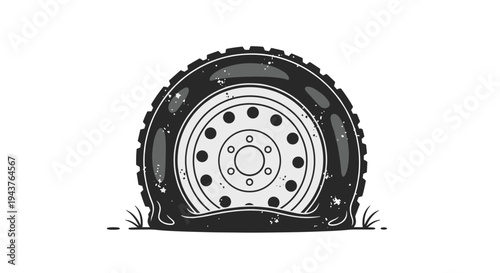 Deflated black tire with a silver rim sits on the ground, showing signs of damage and a flat profile from a puncture.