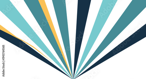 Dynamic fan of sunbeams or rays features a palette of blue, teal, and yellow, radiating from a single point at the bottom.