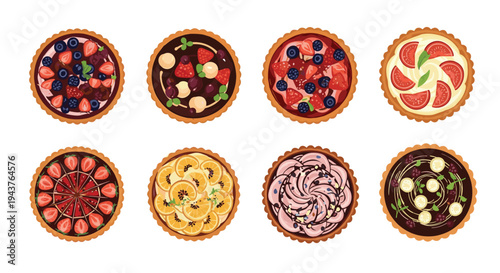 Collection of eight delicious fruit and berry tarts features various colorful toppings like strawberries and oranges.