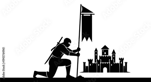 Ninja Warrior Captures Castle Flag, Stealthy Attack, Medieval Fortress, Silhouette