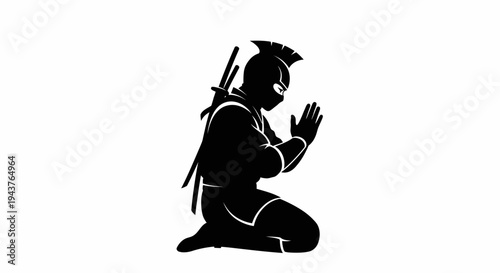 Ninja Warrior Kneeling in Prayer, Silhouette of Warrior with Swords, Meditation and Martial Arts