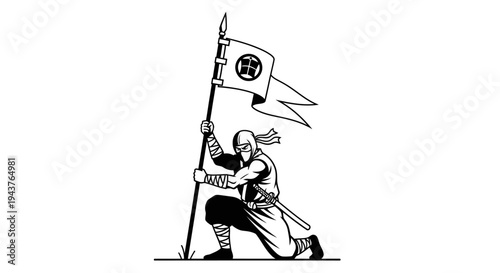 Ninja Warrior Holding Flag Banner with Japanese Symbol, Crouching Pose, Black and White