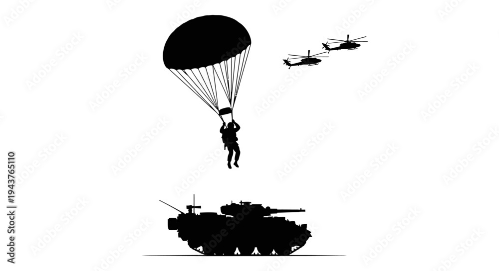 Obraz premium Paratrooper with Tank Silhouette, Airborne Military Operation, Air Assault