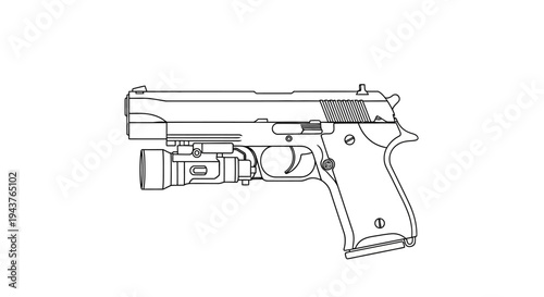 Outline of a handgun with a tactical flashlight attachment, isolated on white background