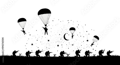 Paratrooper Soldiers Landing Silhouette, Military Invasion, Night Operation, Stars, Moon