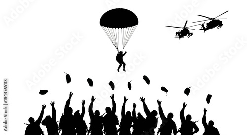 Paratrooper Jumps From Helicopter Amidst Crowd Cheering and Throwing Objects