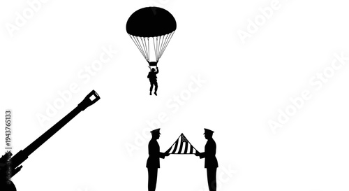 Paratrooper Landing Beside Flag Bearers and Artillery Gun Silhouette