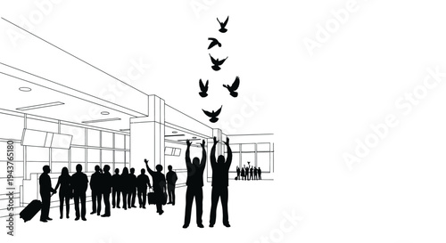 People releasing doves in airport terminal, symbolizing freedom, hope, and travel