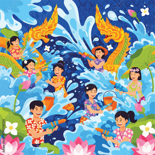 A joyous festival depiction with people playing in water, dragons, and florals