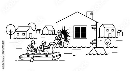 Rescuers in boat save person from flooded house during disaster relief operation