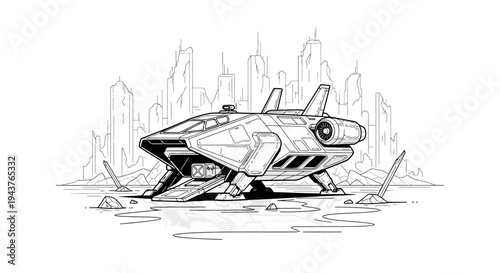 Retro Sci-Fi Spaceship Landing in Ruined Cityscape - Line Art Illustration