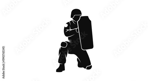 Riot police officer kneeling with shield, tactical gear, protest control silhouette