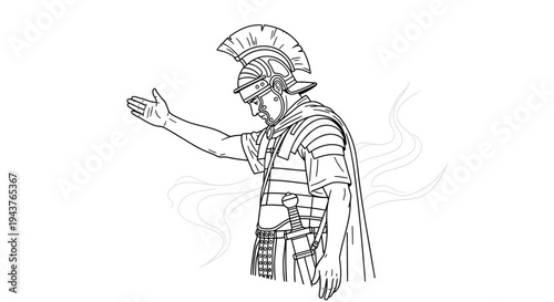 Roman Soldier in Armor and Helmet Gesturing with Hand, Line Art