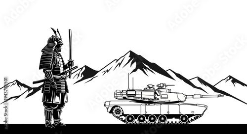 Samurai Warrior Stands Beside Modern Tank, Contrasting Eras, Mountains Background