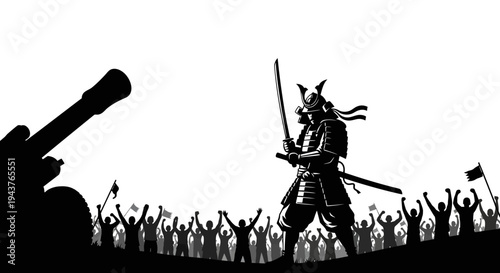 Samurai Warrior with Sword Facing Cannon and Crowd, Historical Battle Scene