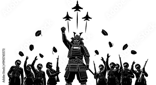 Samurai Warrior with Fighter Jets and Soldiers, Symbolizing Modern Warfare and Heritage