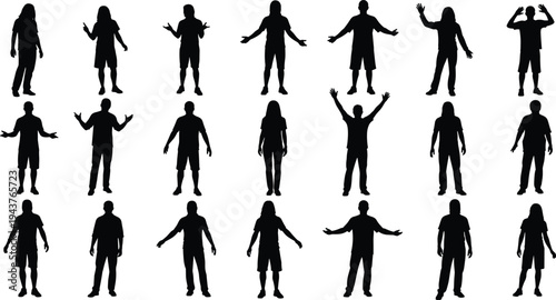 People silhouettes showing various body language gestures and emotions isolated on white background, human interaction, communication poses, and expressive lifestyle concept