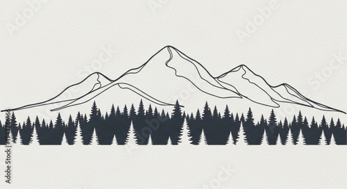Minimalist Mountain Landscape Illustration with Forest Foreground.