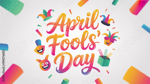 Vibrant april fools' day celebration background with colorful confetti and festive text