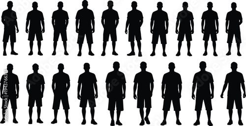 Male casual silhouettes standing in different poses isolated on white background, everyday men clothing, body proportions, and lifestyle people illustration set