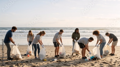 Diverse group of volunteers cleaning up trash on a sandy beach. People picking up plastic pollution by the ocean. Teamwork and environmental conservation concept