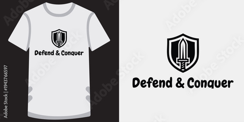 Creative white tshirt design featuring a bold shield logo with a sword emblem and text defend and conquer ideal for gaming and esports fans