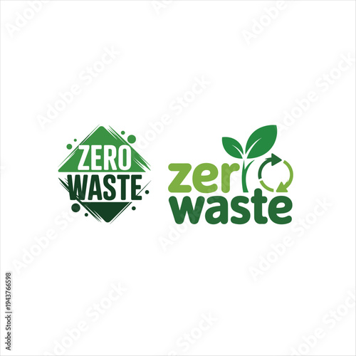 Green and white zero waste with leaf and recycling symbol